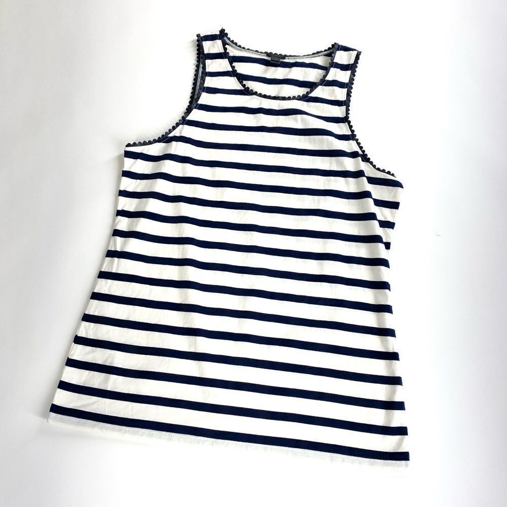 J. Crew navy nautical stripe scoop neck tank with leather scallop edging S